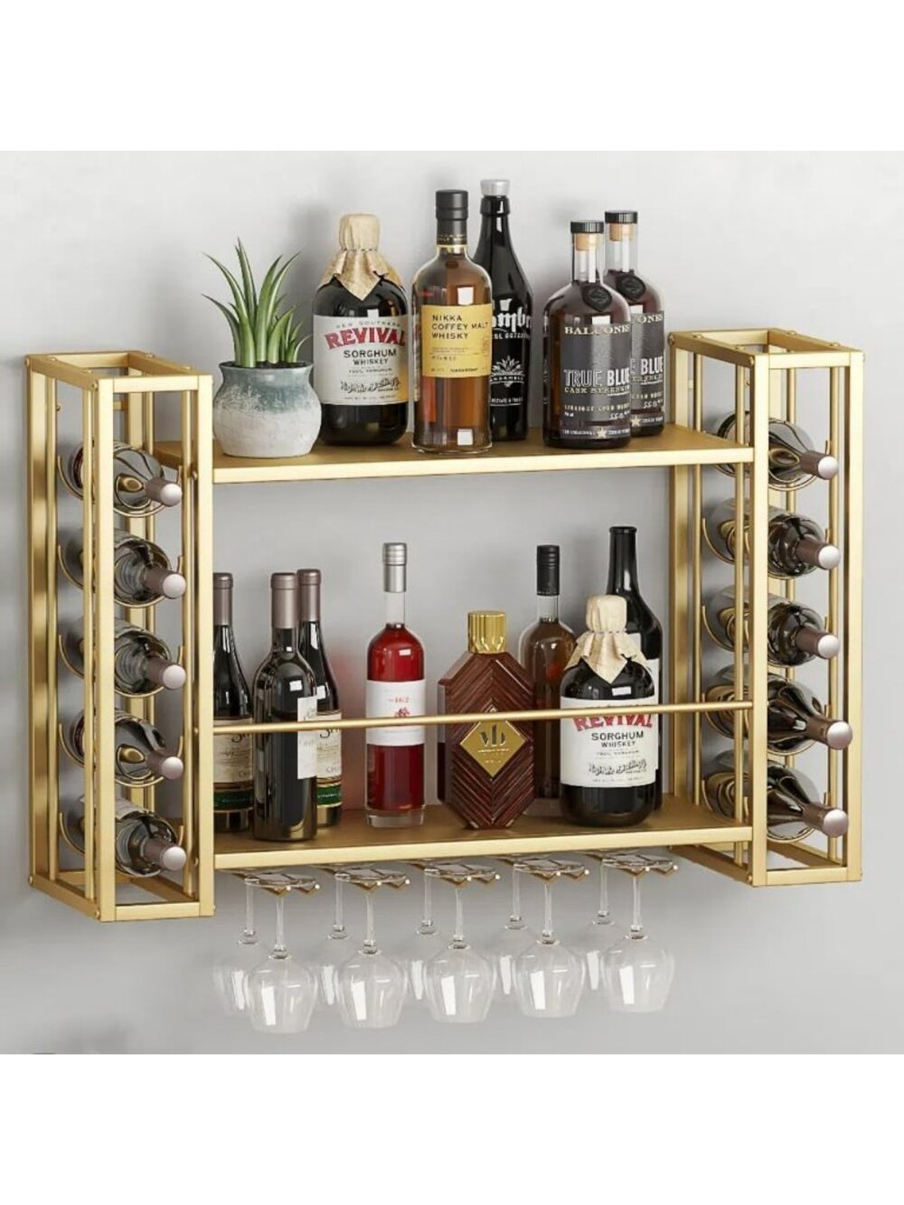 Stylish Gold Wall Mounted Wine Rack with Glass Holder - Space-Saving Design